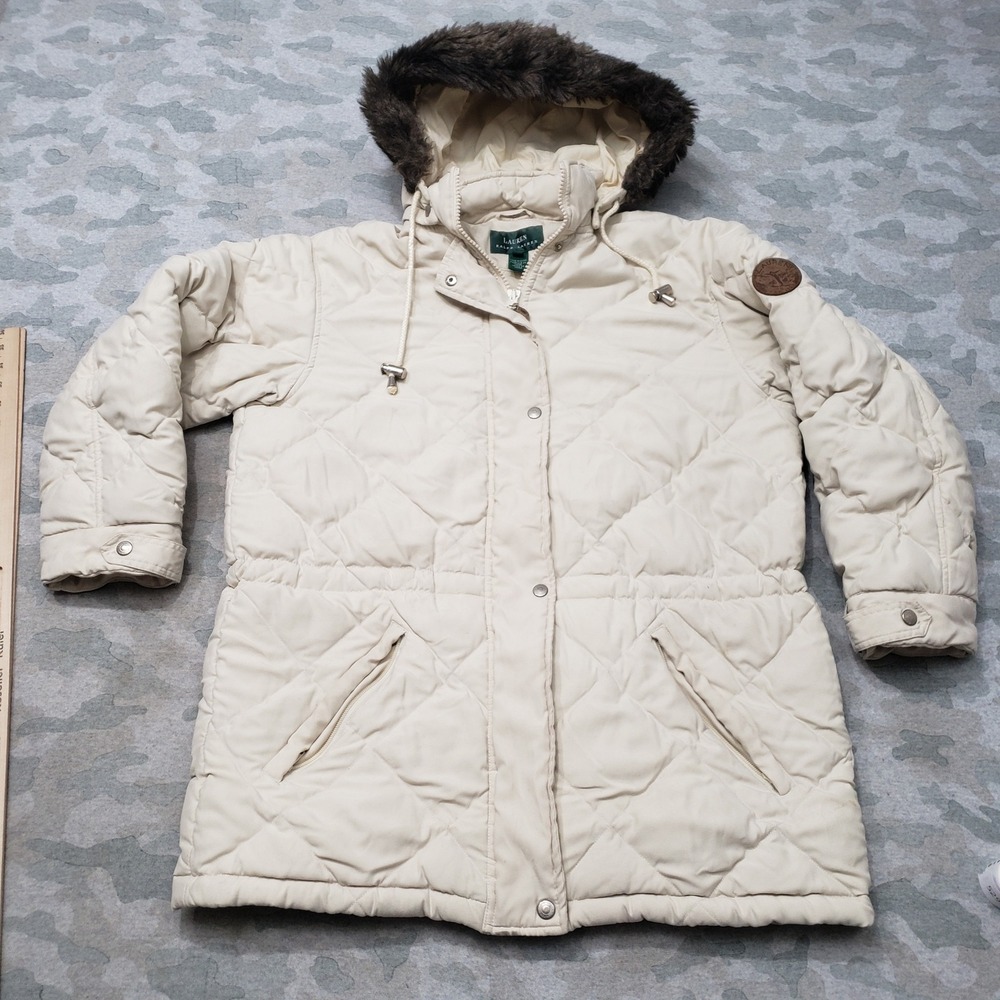 Lauren Ralph Lauren Down Parka Jacket Womens Medium Beige Quilted Faux Fur Hood